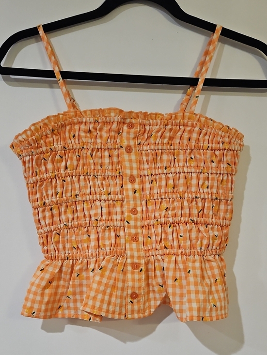 Greylin Tops - Greylin Orange Gingham Smocked Crop with Flowery Print